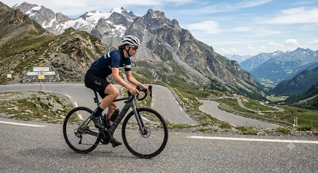 Cycliste grimpant un col alpin sur un vélo de route électrique endurance avec assistance fluide