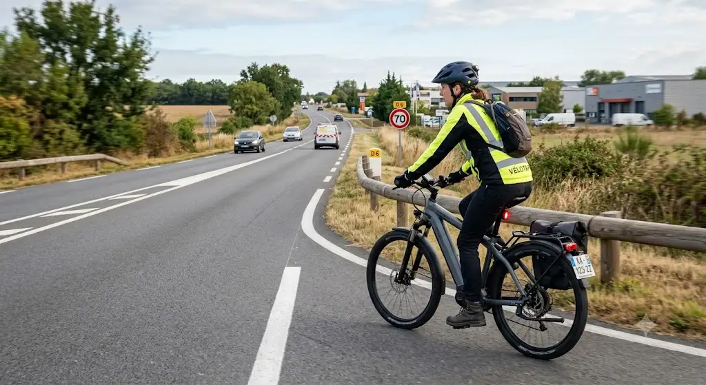 Cycliste en vélotaf sur un speed pedelec 45 km/h le long d'une route départementale périurbaine pour son trajet domicile-travail. (speed pedelec domicile travail)