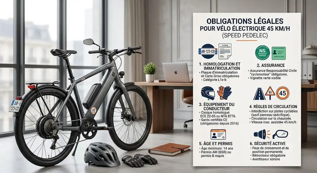 Infographie résumant la réglementation speed pedelec en France et les obligations légales pour vélo électrique 45 km/h.