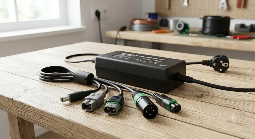 Chargeur vélo électrique universel avec ses différents embouts interchangeables compatibles multi-marques