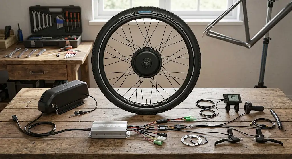 Vue d'ensemble d'un kit moteur roue avant vélo électrique avec batterie, contrôleur et câblage.