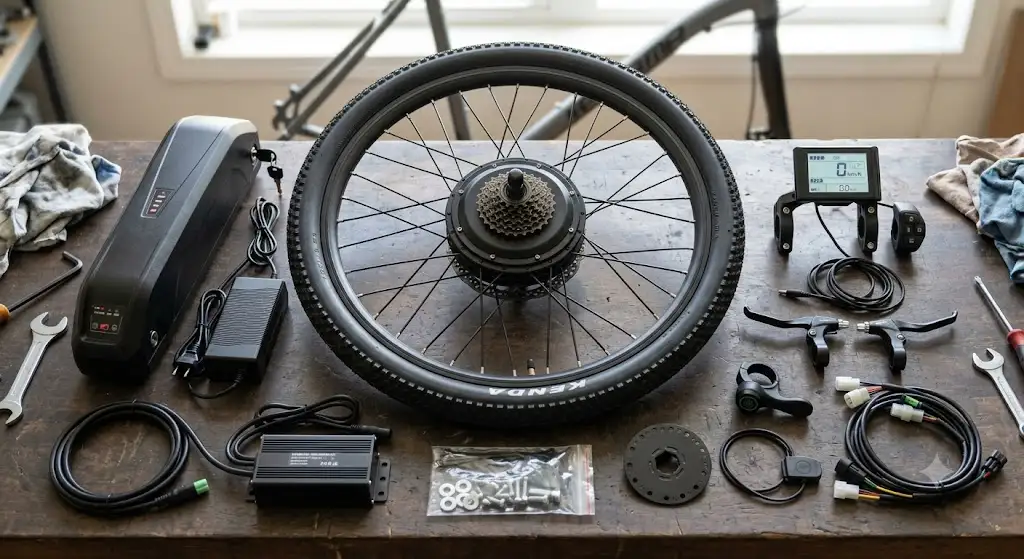 Vue d'ensemble d'un kit moteur roue arrière vélo électrique avec batterie, écran LCD et accessoires d'installation.