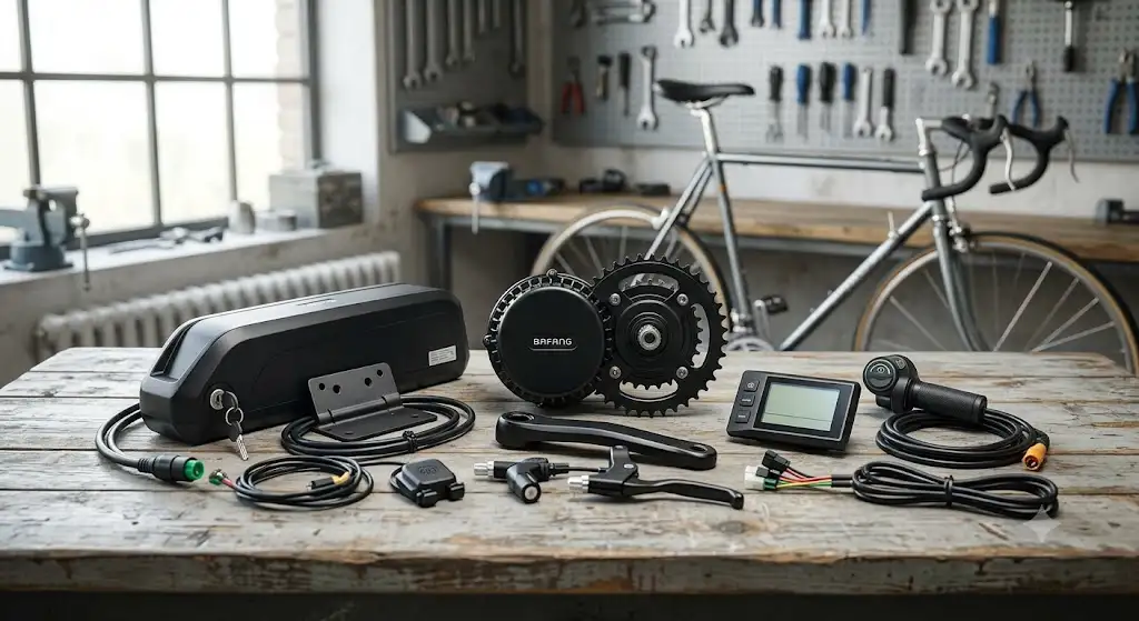 Kit complet de conversion pour vélo électrique avec moteur pédalier, batterie lithium et écran LCD de contrôle. (kit complet conversion vélo électrique batterie écran)