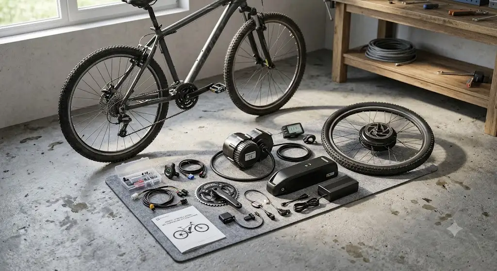 Kit de conversion complet posé au sol pour transformer son VTT classique en VTT électrique homologué. (transformer son vtt en vtt électrique)