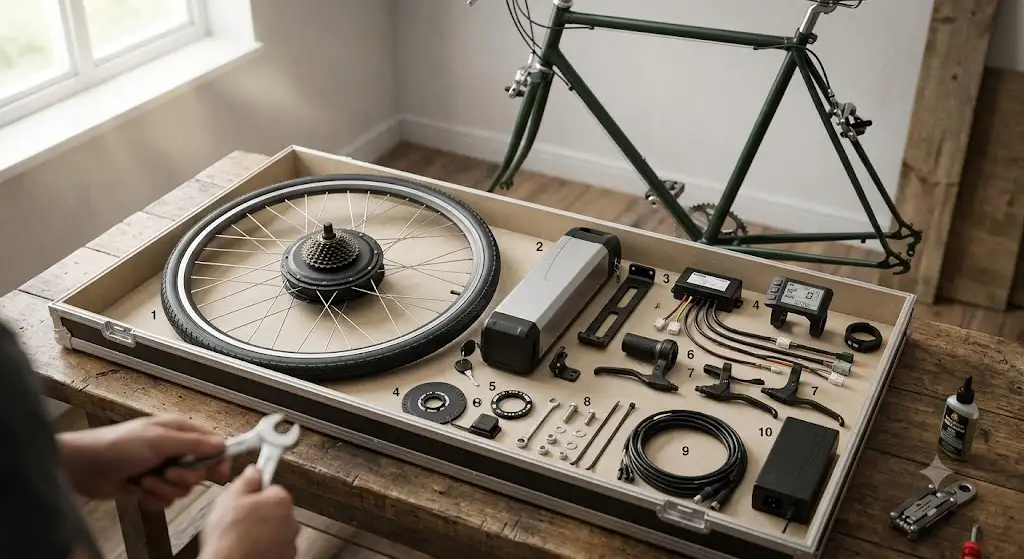Présentation des éléments d'un kit complet pour transformer son vélo de ville en VAE