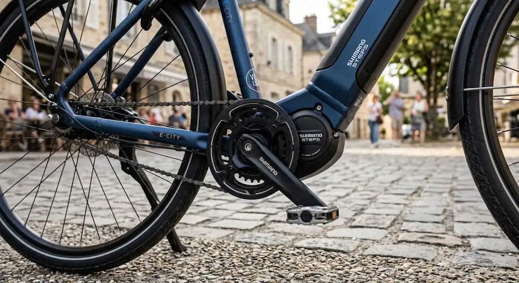 Moteur Shimano Steps central monté sur le pédalier d'un vélo électrique de ville. (moteur Shimano Steps vélo électrique)
