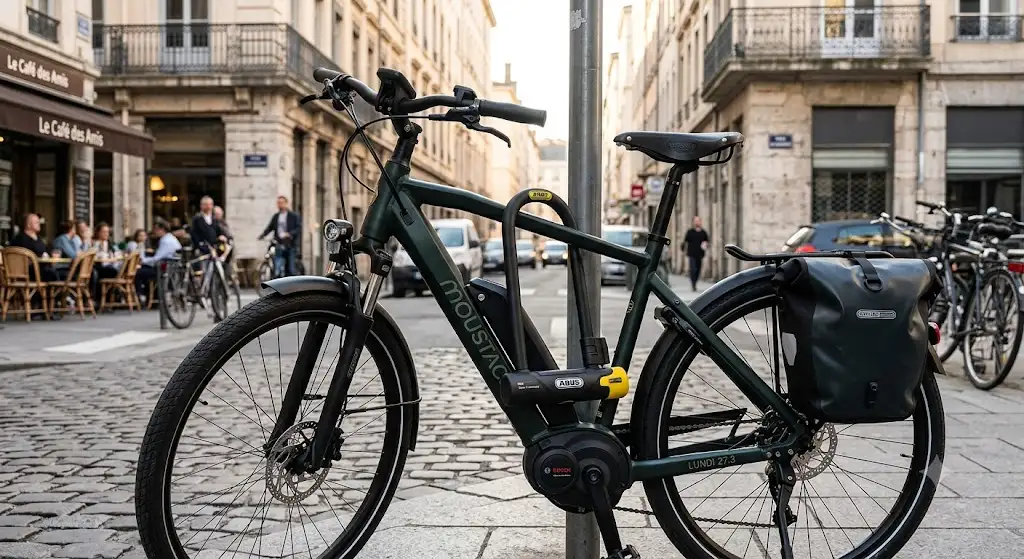 Antivol en U haute sécurité en acier cémenté attaché au cadre d'un vélo électrique en milieu urbain. (antivol en U vélo électrique)