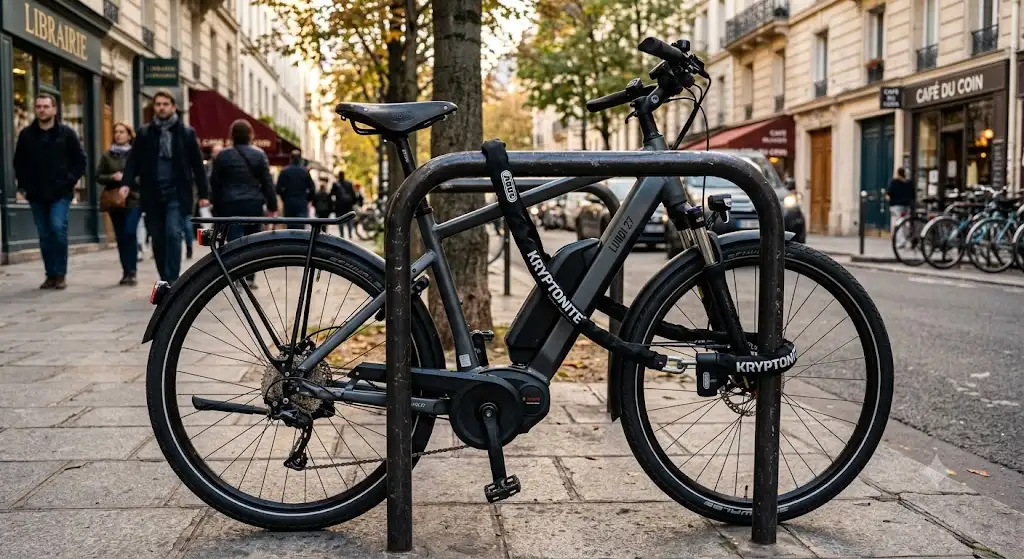 Antivol chaîne vélo électrique haute sécurité attaché à un point fixe en milieu urbain.