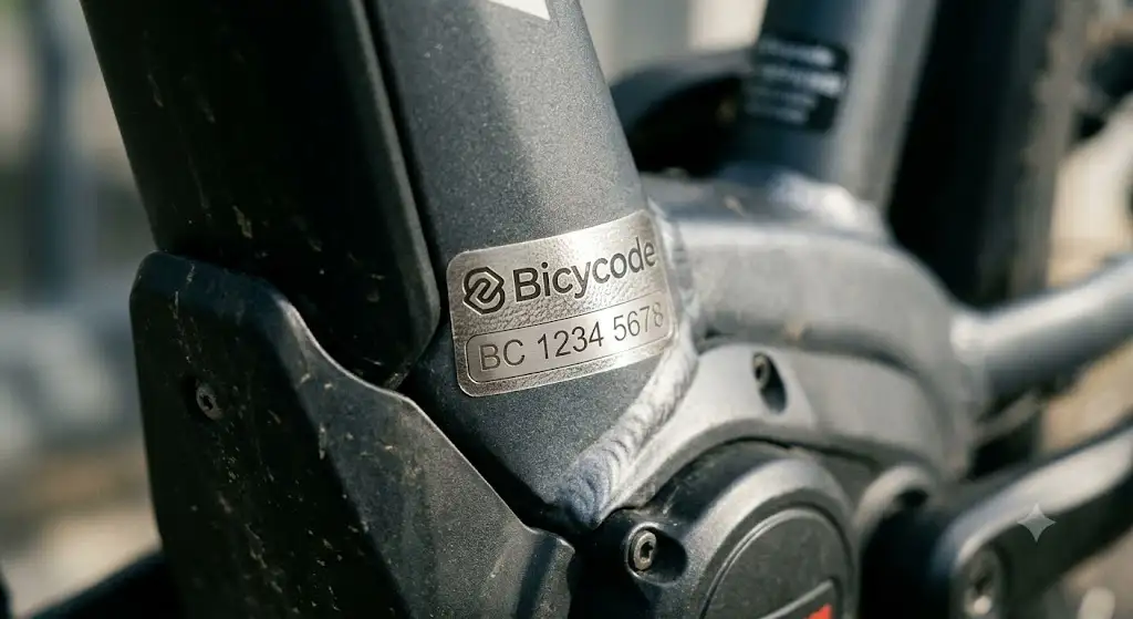 Gros plan sur une étiquette autocollante inviolable Bicycode posée sur le cadre d'un vélo électrique. (marquage bicycode vélo électrique)