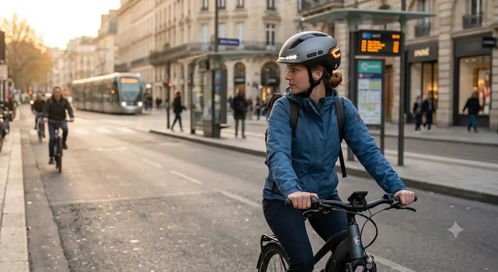Casque vélo électrique connecté avec feux LED intégrés et clignotants pour cycliste urbain