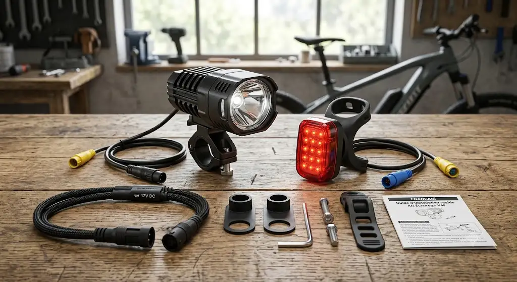 Kit complet d'éclairage avant et arrière pour vélo électrique avec feu LED blanc et rouge haute visibilité. (éclairage avant arrière vélo électrique)