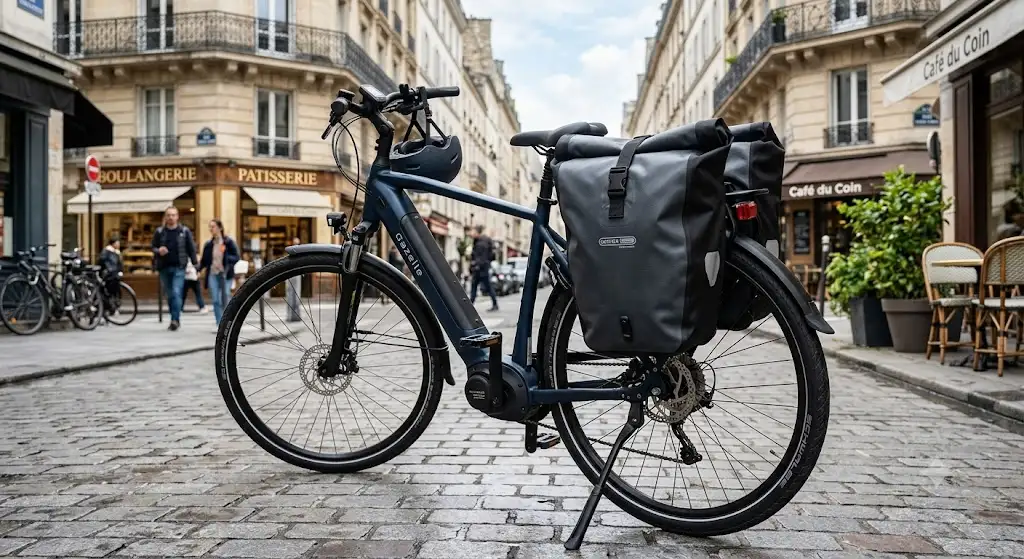 Sacoche étanche fixée sur le porte-bagages arrière d'un vélo électrique en milieu urbain. (sacoche porte bagages vélo électrique)