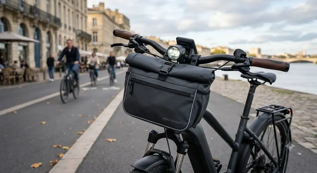 sacoche de guidon vélo électrique étanche installée sur le cintre d'un VAE urbain.