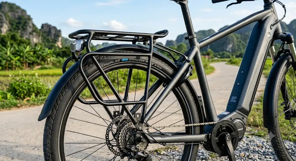 Porte-bagages renforcé pour vélo électrique en aluminium noir installé sur la roue arrière. (porte bagages renforcé vélo électrique)