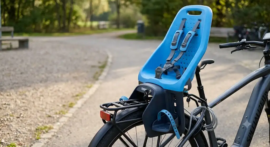 siège enfant vélo électrique fixé sur le porte-bagages arrière avec harnais de sécurité .
