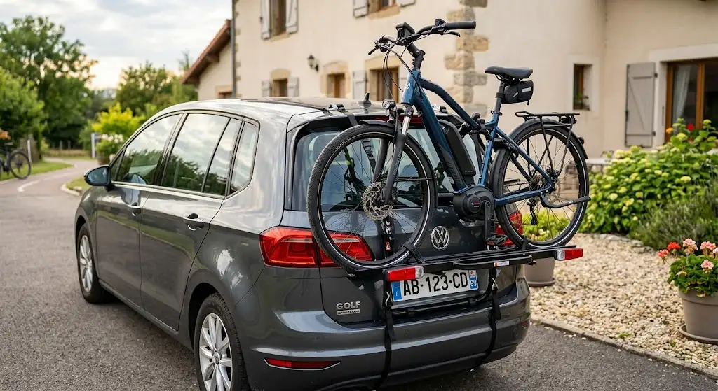 porte vélo électrique sur hayon installé à l'arrière d'une voiture familiale.