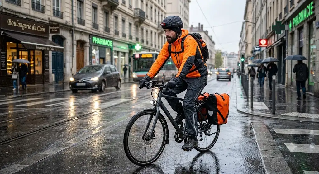 Cycliste urbain équipé d'une tenue imperméable vélotaf complète sous la pluie en ville