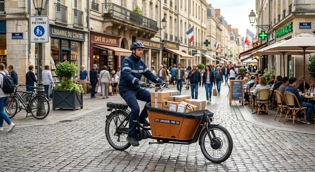 Livreur en vélo cargo électrique transportant des colis dans une zone piétonne en centre-ville . (vae pour livraison usage professionnel)