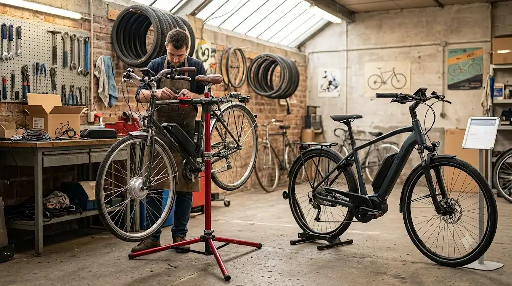 Comparatif visuel entre l'installation d'un kit de conversion ou vélo électrique neuf dans un atelier de réparation.