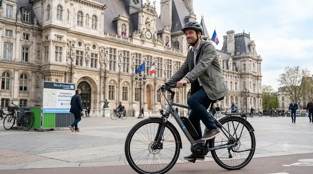Cycliste urbain à Paris bénéficiant de l'aide pour vélo électrique Île-de-France Mobilités devant l'Hôtel de Ville. (aide vélo électrique Paris Lyon Marseille)