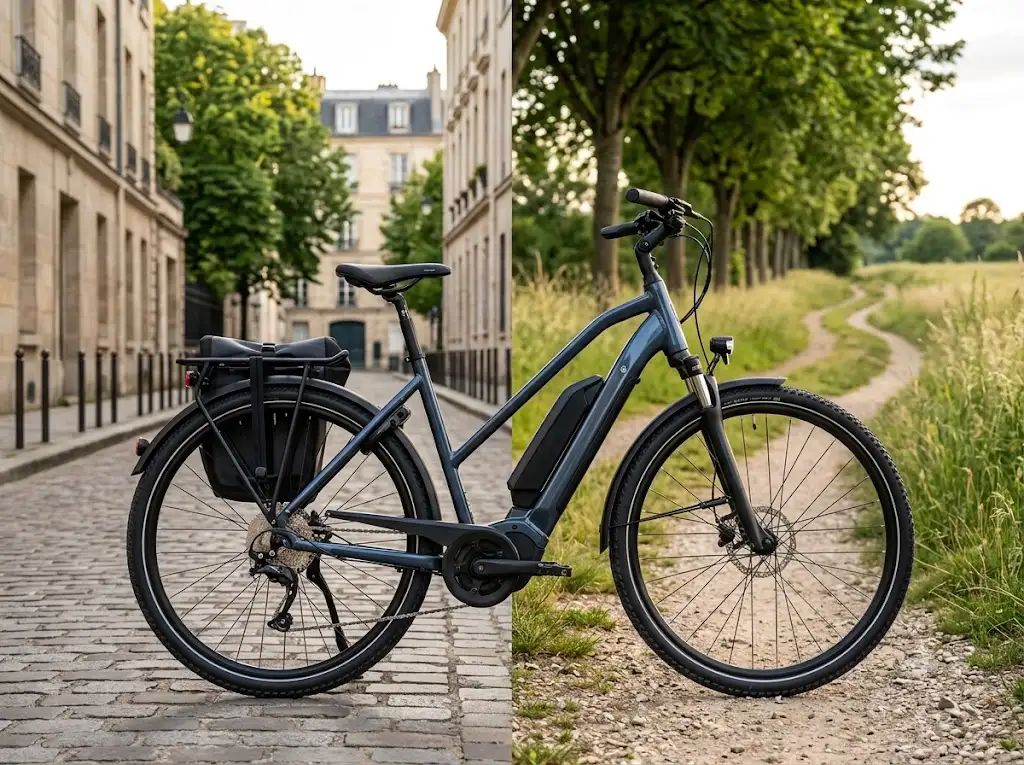 VTC électrique mixte polyvalent pour trajet urbain quotidien et balade sur chemin de campagne