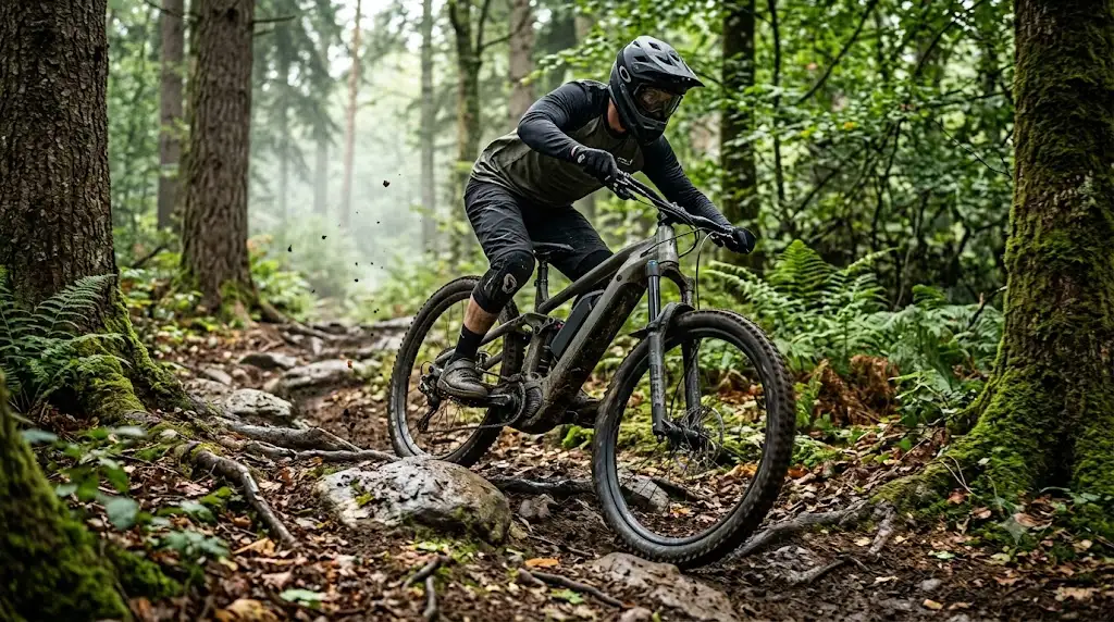Pilote en action sur un VTT électrique enduro en pleine descente technique en sous-bois . (vtt électrique enduro descente)