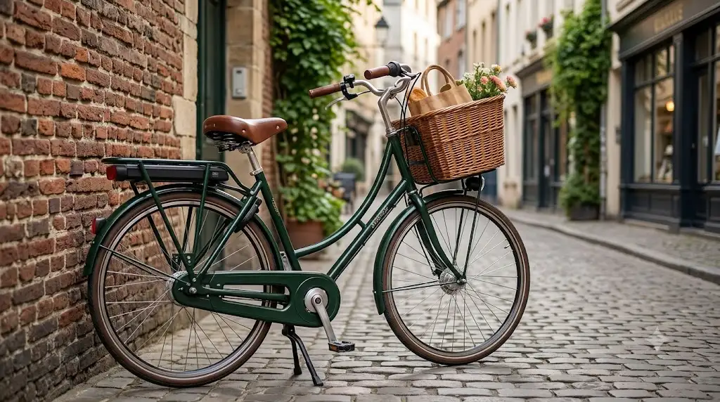 Vélo électrique hollandais traditionnel à cadre bas avec panier avant stationné dans une rue pavée en ville.