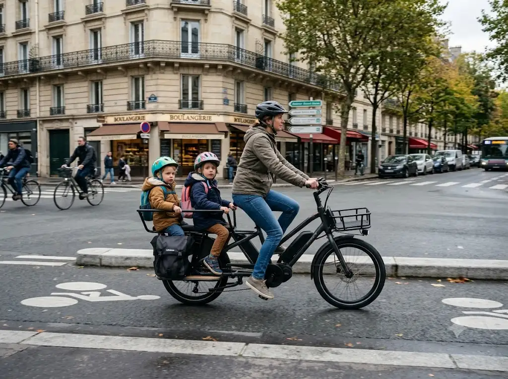 Vélo cargo longtail électrique transportant deux enfants en milieu urbain