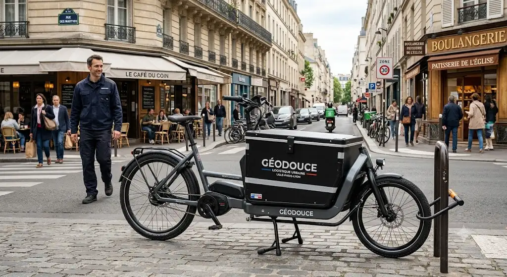 Un vélo cargo électrique professionnel garé dans une rue urbaine animée en France.