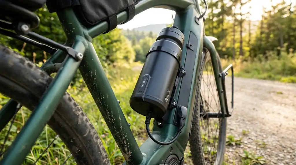 batterie de secours vélo électrique fixée sur le cadre pour prolonger l'autonomie lors d'une sortie.