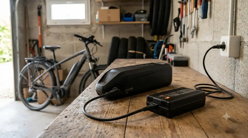 Chargeur rapide pour vélo électrique branché sur une batterie lithium-ion amovible dans un garage. (chargeur rapide vélo électrique)