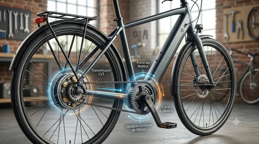 Schéma de fonctionnement d'une transmission automatique CVT sur un vélo à assistance électrique urbain. (transmission automatique cvt vélo électrique)