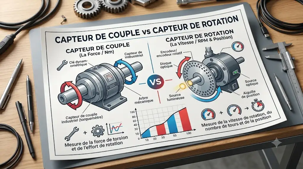 Schéma comparatif entre un capteur de couple et un capteur de rotation pour mesurer la force et la vitesse. (capteur de couple vs capteur de rotation)