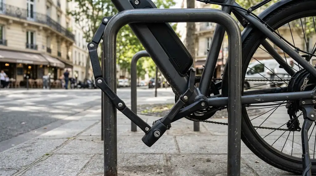 Antivol pliant pour vélo électrique en acier trempé fixé à un arceau urbain en ville. (antivol pliant vélo électrique)