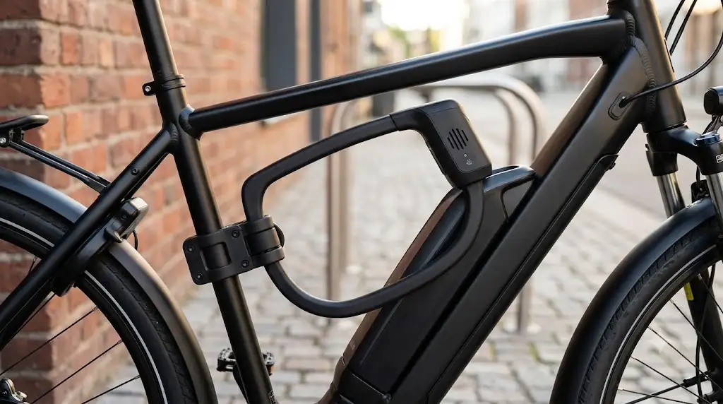 Antivol pour vélo électrique avec alarme sonore et traceur GPS intégré fixé sur le cadre. (antivol vélo électrique avec alarme et gps)