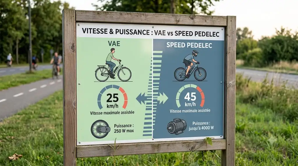 Infographie montrant la différence de vitesse et puissance: VAE limité à 25 km/h et 250 W contre Speed Pedelec à 45 km/h et 4000 W. (réglementation vae vs speed pedelec)